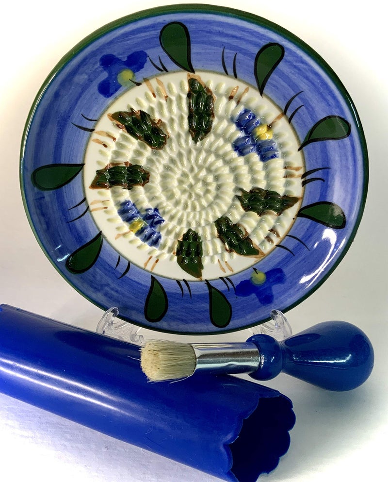BonCera, All-in-one Premium Ceramic Garlic Grater Plate 4-Piece Set - Blue Flower Design, Classic Style - For Garlic, Ginger, Chocolate, and more! - Comes with 5.25" Plate, Peeler, Brush, and Stand - Image 1